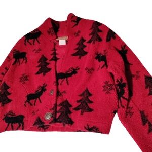 Painted Pony Women Jacket Red Black Acrylic Outdoor Moose Print One Size Fleece